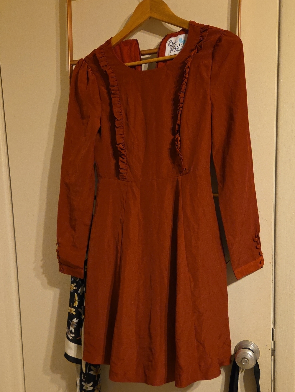 Modcloth Bea And Dot Rust Ruffle-Trim Long Sleeve Dress